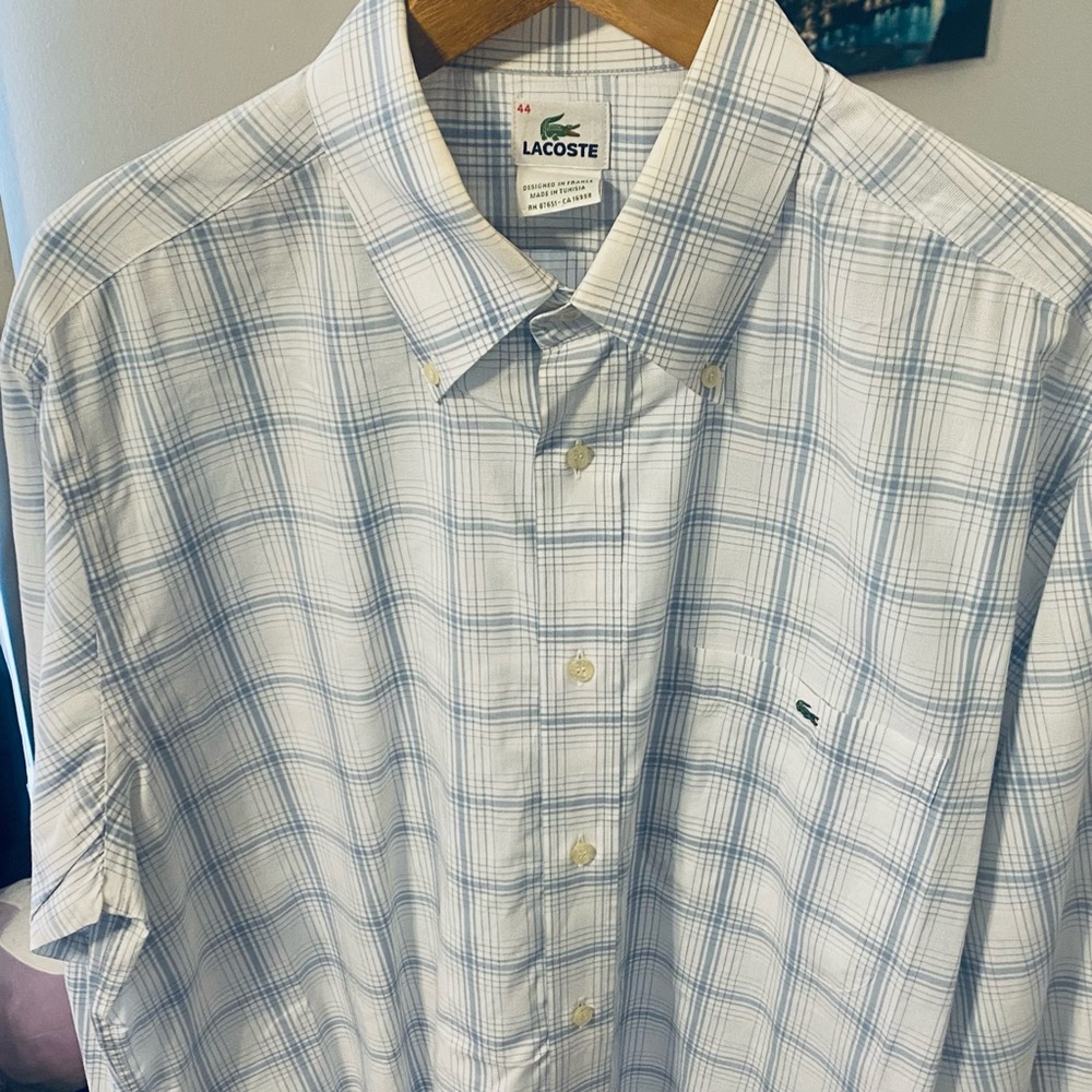 LACOSTE MENS CASUAL BUTTON DOWN SHIRT. BLUE WHITE PLAID SZ 44 P 25 LENGTH 32 EUC - Picture 2 of 6